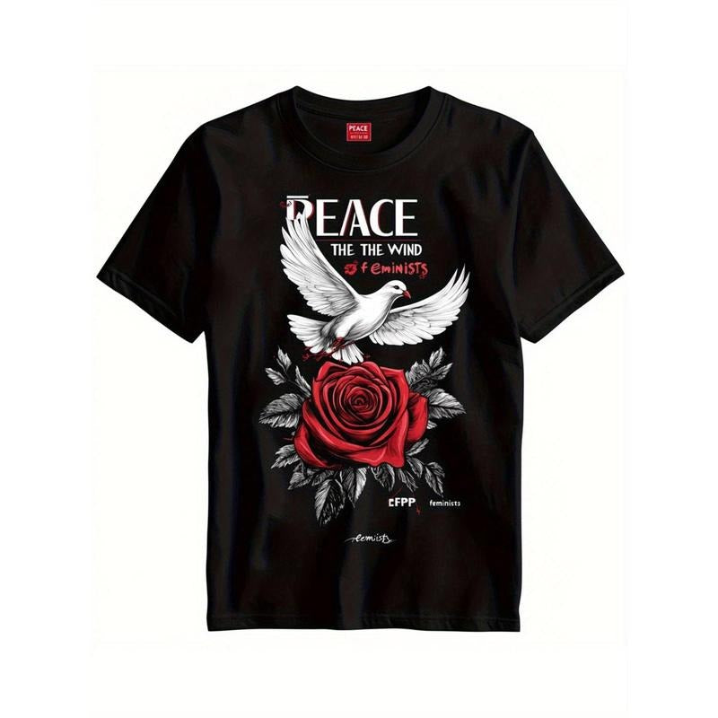 Peace Dove & Rose Graphic T-Shirt - Black Cotton Casual Athletic Tee with Inspirational PEACE Text, Feminist Design,...