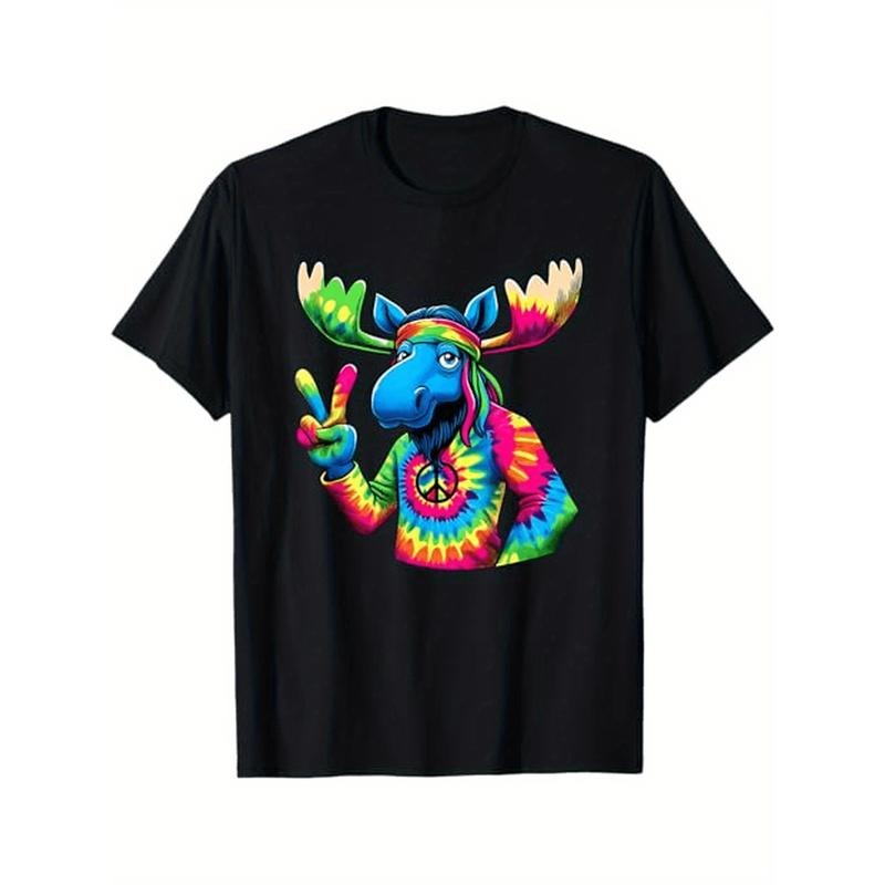 Peace Sign Tie Dye Moose T-Shirt, 100% Cotton, Gift for Men Women Dad Mom Friends, S-XXXL, Black Made in USA Hoodie,...