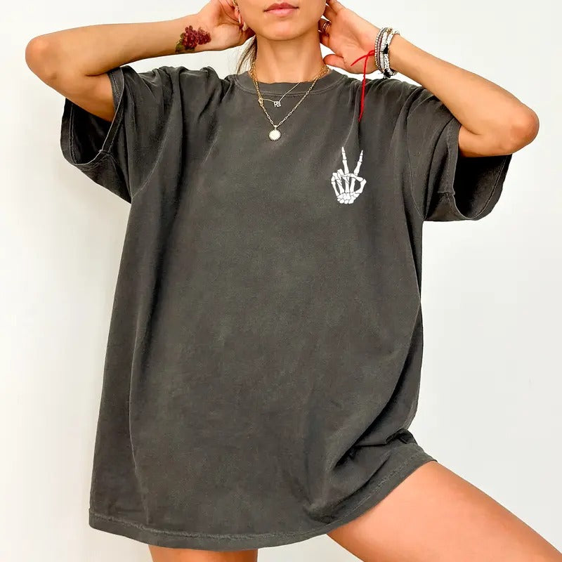 Peace Skeleton Hands Tee, Rock Style Gothic Graphic T-shirt, Halloween Skull Unhinged Shirt, Skeleton Shirt, Funny Shirts...