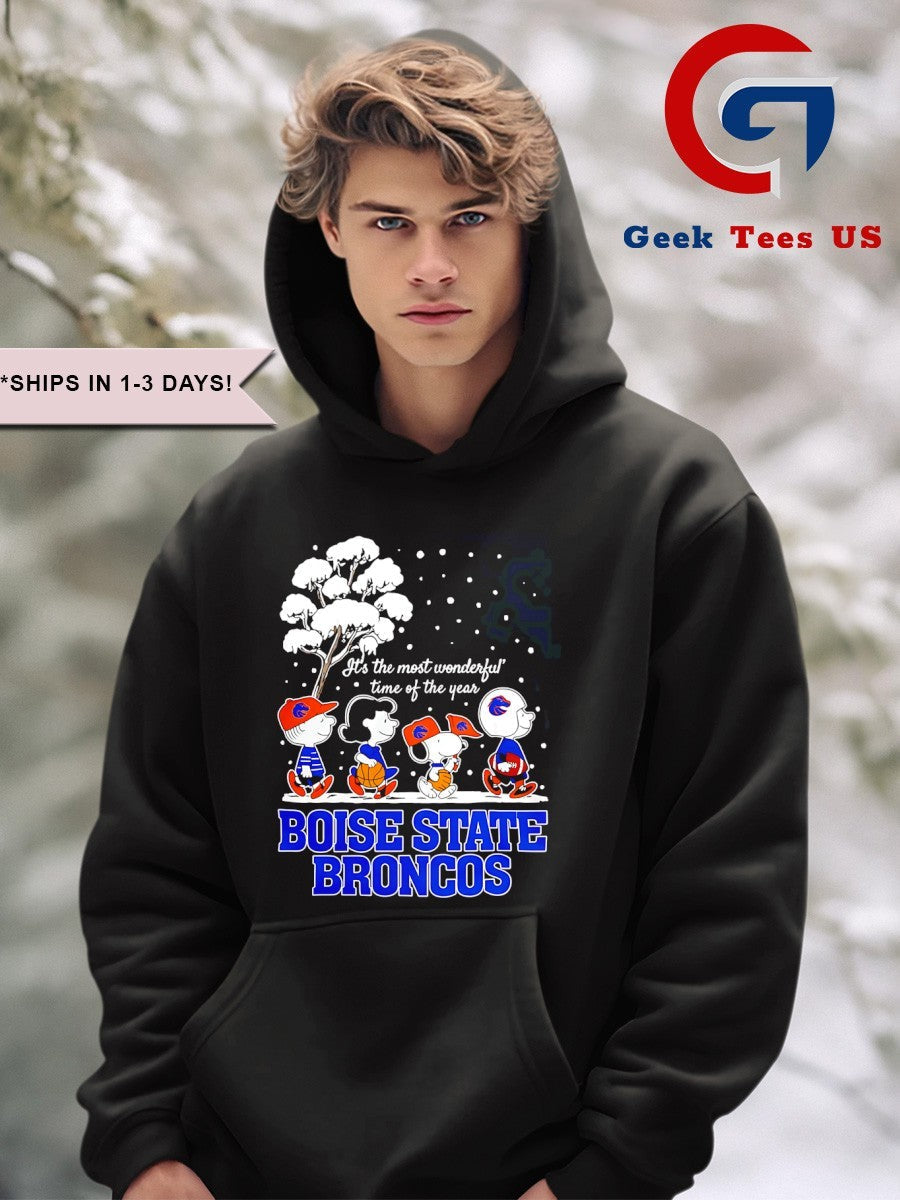 Peanuts characters Boise State Broncos it’s the most wonderful time of the year scene Christmas Season Holiday 2025 shirt