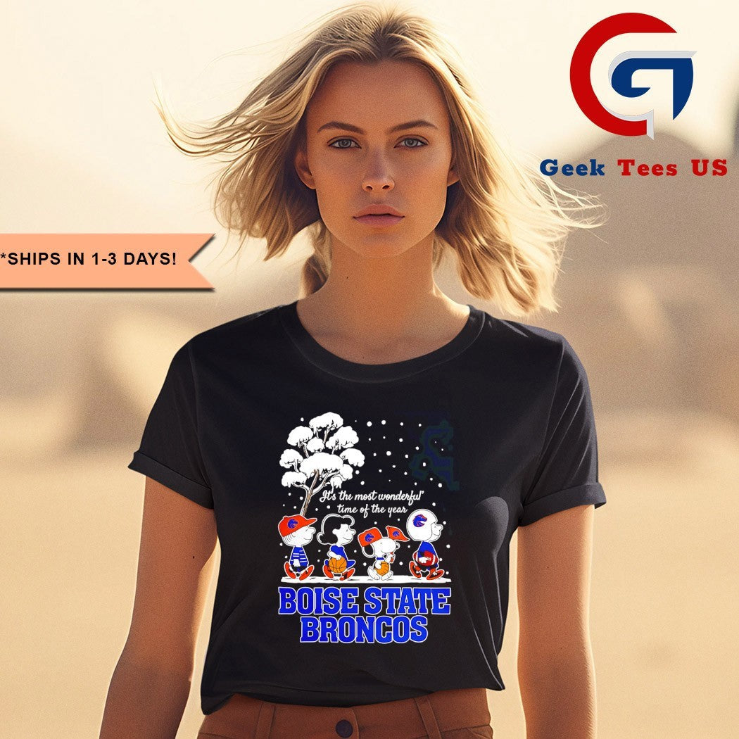 Peanuts characters Boise State Broncos it’s the most wonderful time of the year scene Christmas Season Holiday 2025 shirt