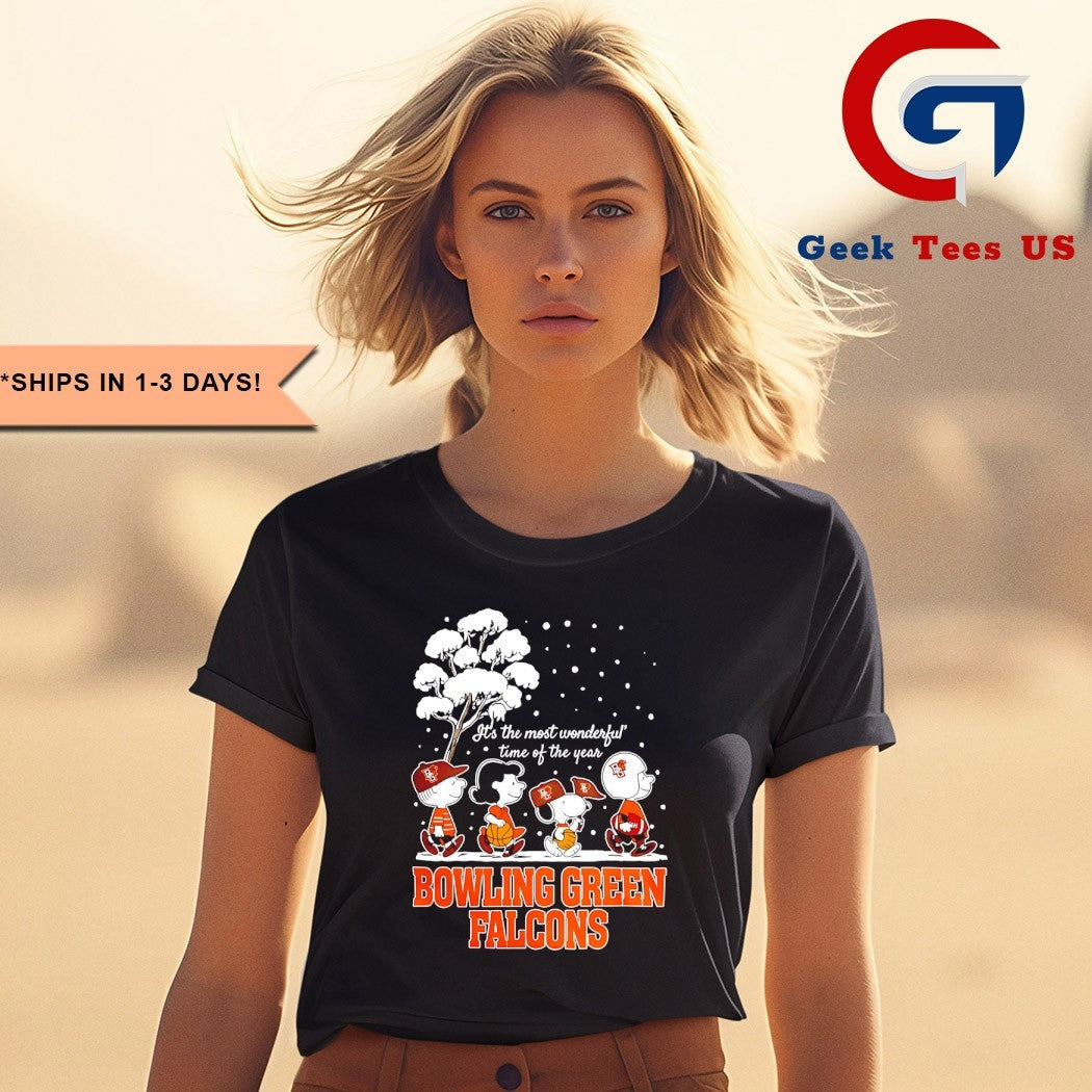 Peanuts characters Bowling Green Falcons it’s the most wonderful time of the year scene Christmas Season Holiday 2025 shirt