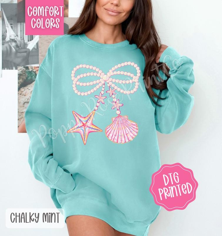 Pearl Shell Bow Comfort Colors Sweatshirt, Cute Summer Sweater, Girly Beach Crewneck T-Shirts, Hoodie | HypeDripTees.com