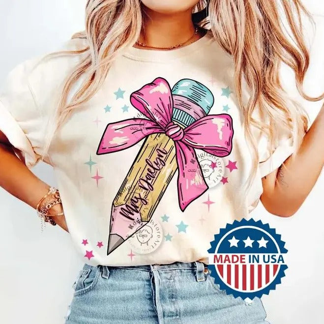Pencil Bow Teacher Name Custom Shirt, Coquette Bow Teacher Shirt, Back to School Teacher Shirt, First Day School Shirt,...