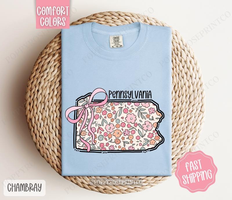 Pennsylvania Floral Bow Comfort Colors T-shirt, Cute Trendy Tee, State Coquette Oversized Top Hoodie, Sweatshirt