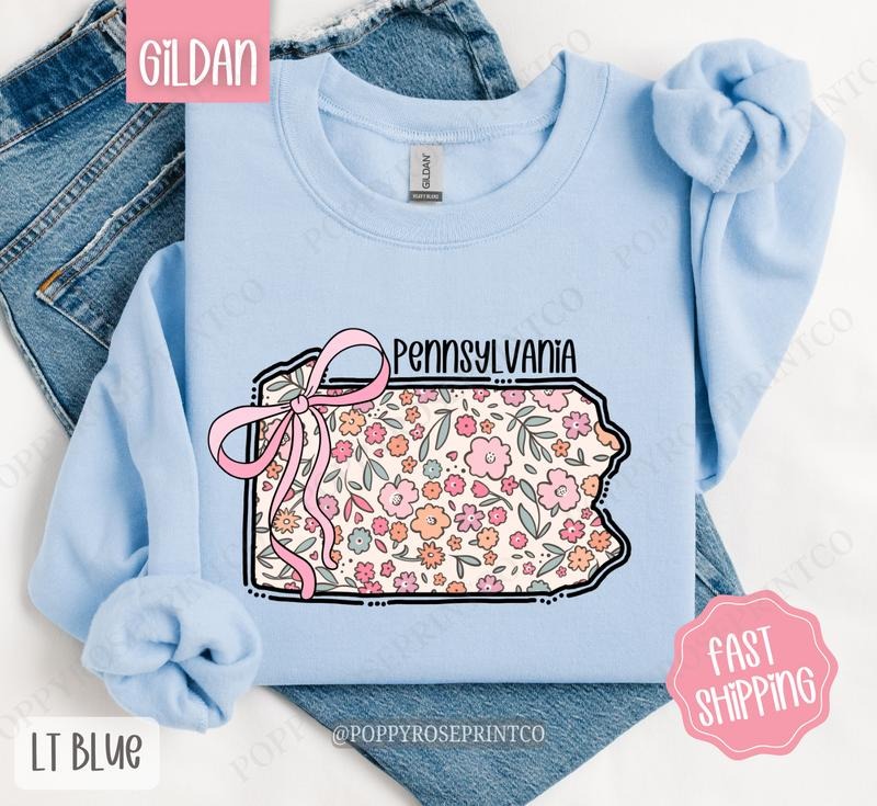 Pennsylvania Floral Bow Gildan Sweatshirt, Cute Trendy State Coquette Pullover T-Shirts, Hoodie | HypeDripTees.com