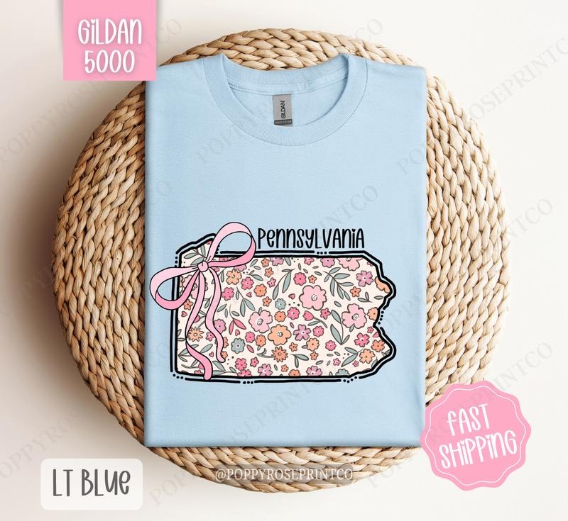 Pennsylvania Floral Bow Gildan T-shirt, Cute Trendy Tee, State Coquette Oversized Top Hoodie, Sweatshirt | HypeDripTees.com