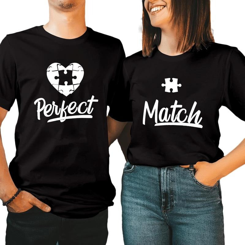 Perfect Match Puzzle Couple Matching TShirt Cotton Fabric Casual Streetstyle Crew Neck Short Sleeve T-Shirt Trendy Tops...