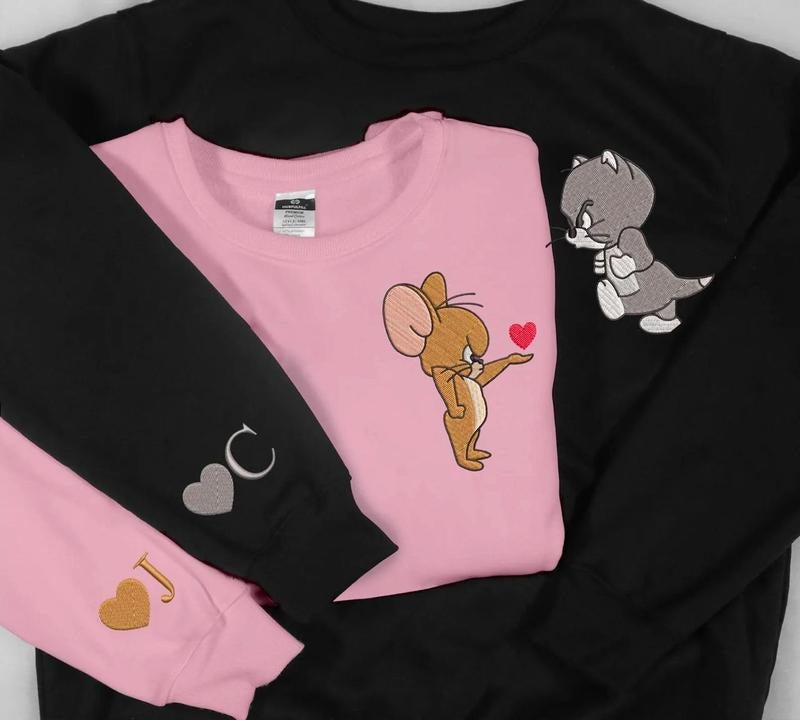 Personalized Embroidered Mouse And Cat Couple Sweatshirt, Embroidered Couple Hoodie, Custom Initials Couple Sweatshirt,...