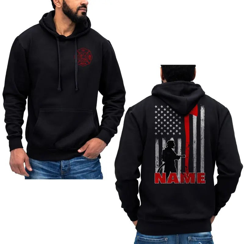 Personalized Firefighter Hoodie Sweatshirt Custom Name Thin Red Line Axe Design Cotton Fabric T-Shirts | HypeDripTees.com
