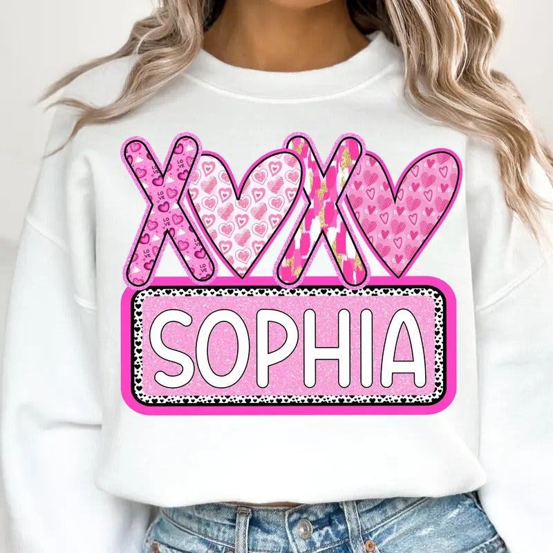 Personalized Girl Name XOXO Valentines Sweatshirt, Valentine Heart Shirt, XOXO Shirt, Personalized Valentine Hoodie