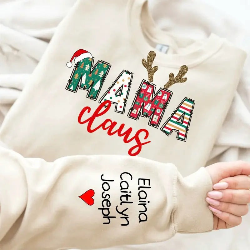 Personalized Mama Claus Sweatshirt with Kids' Names, Custom Gigi Christmas Sweater, Cute Grandma shirt, Unique Gift for...