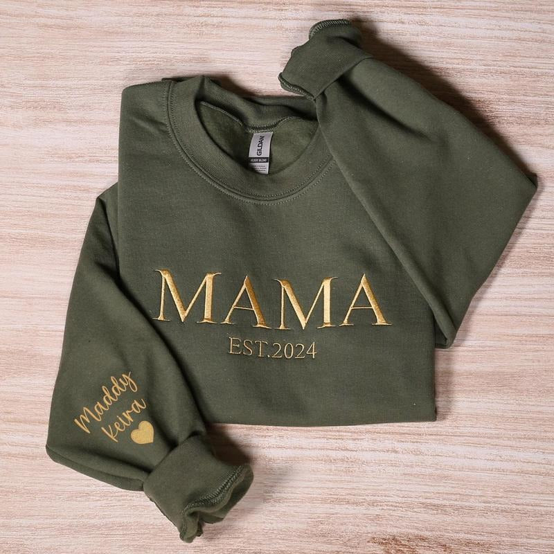 Personalized Mama Embroidered Sweatshirt, Custom Mom Embroidery Hoodie, New Mom Outfit, Pregnancy Reveal Clothing, Happy...
