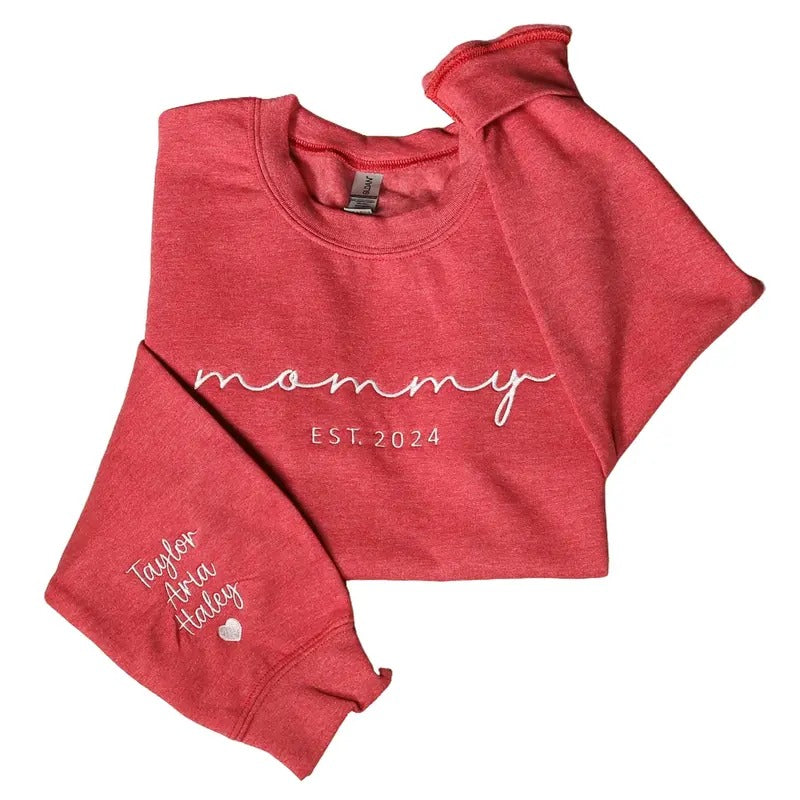 Personalized Mommy Embroidered Sweatshirt With Kids Names On Sleeve, Custom Mama Sweater, Baby Announcement Mom Outfit,...