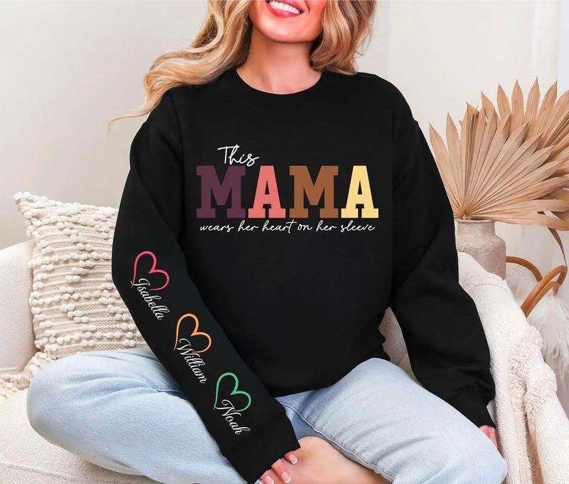 Personalized This Mama Wears Her Heart On Sleeve Sweatshirt, Custom Names Mothers Day Gift, Grandma Custom Shirt, Auntie...