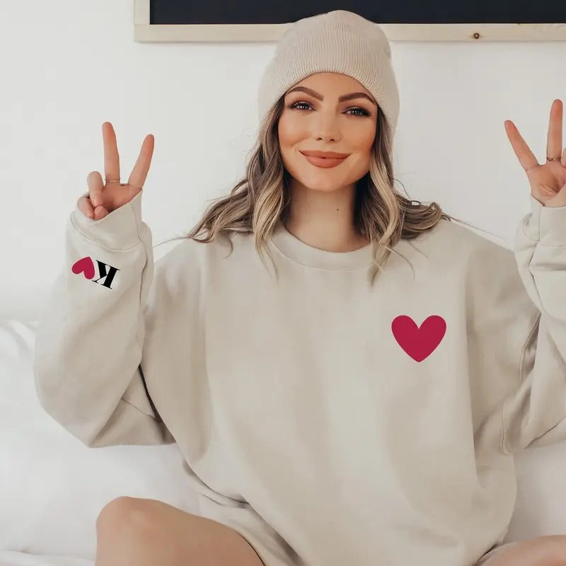 Personalized Valentines Sweatshirt for Women with Initial on Sleeve - Fabric, Cotton T-Shirts, Hoodie | HypeDripTees.com
