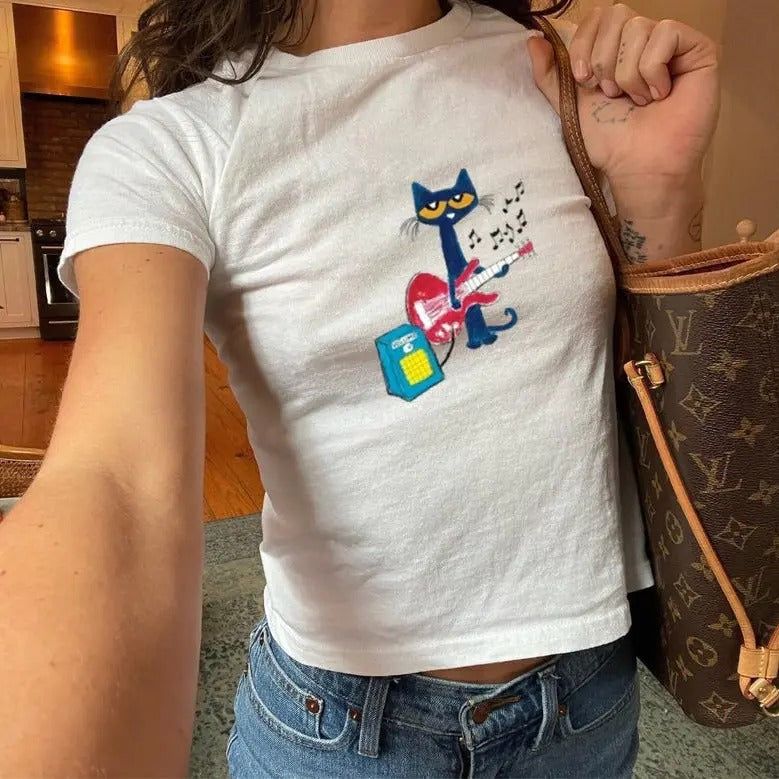 Pete the Cat Playing Guitar Baby Tee  Y2K Baby Tee, 90s Baby Tee, Graphic Shirt Crop, Coquette, Vintage Design Hoodie,...