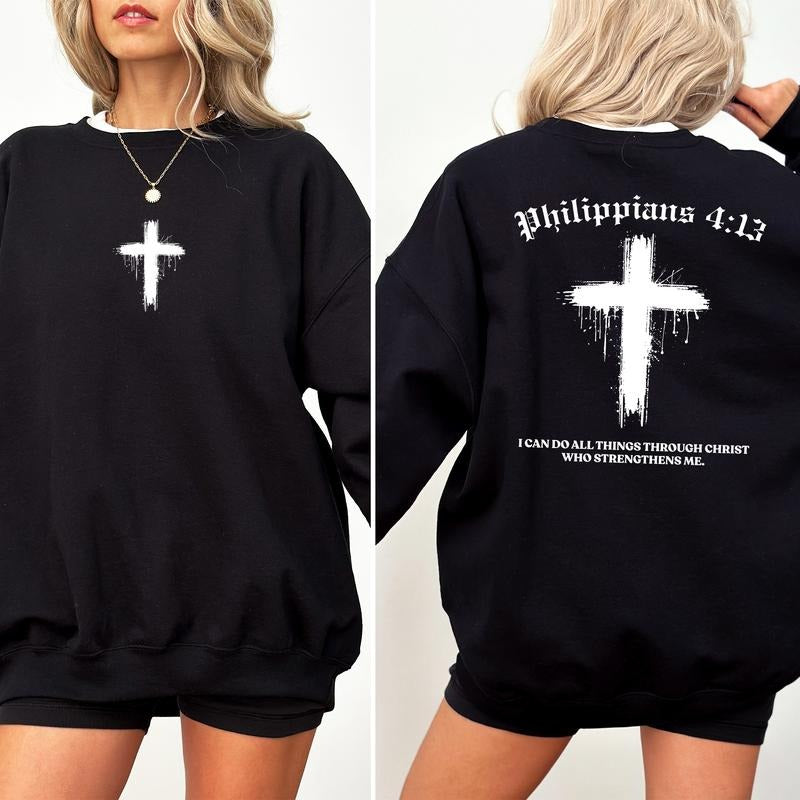 Philippians 4:13 Bible Verse Sweatshirt, Jesus Lovers Crewneck, Christian Faith Long Sleeves Pullover, All Things Through...