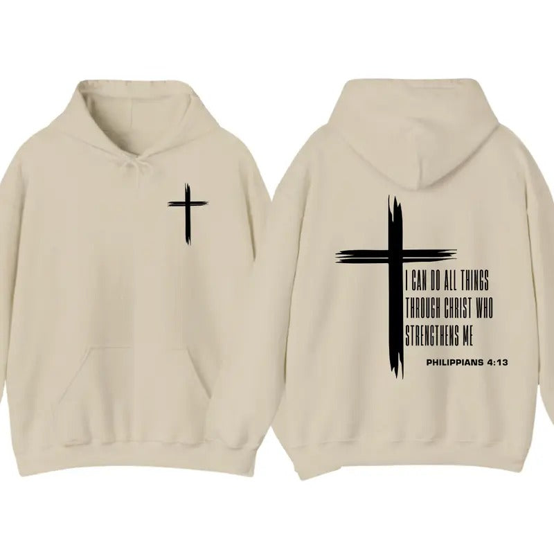 Philippians 4:13 Inspirational Christian 2 Sided Hoodie Sweatshirt T-Shirt, Bold Cross & Uplifting Verse, For Men And...