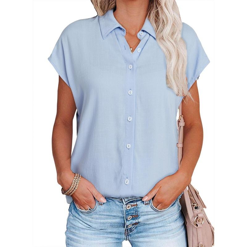PiePieBuy Women's Summer Cap Sleeve Work Blouse V Neck Button Down Collared Shirt Basic Business Casual Top Hoodie,...