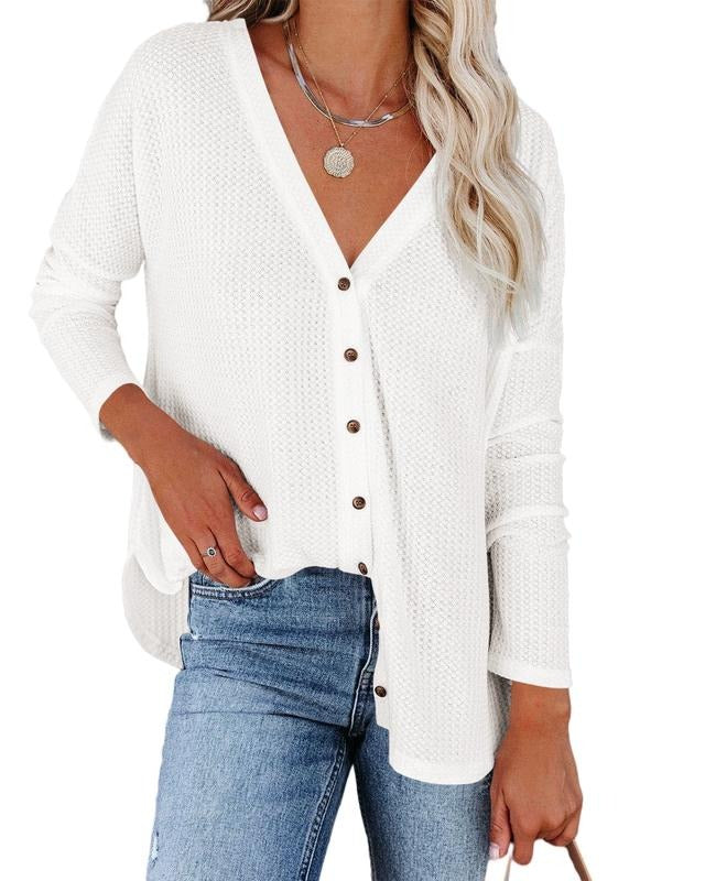 PiePieBuy Women's V Neck Waffle Knit Blouses Button Down Shirts Casual Long Sleeve Tunic Cardigan Tops, Wine Red, X-Large...