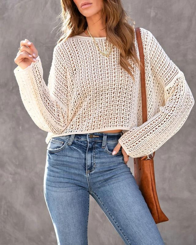 PiePieBuy Womens Crochet Top Summer Long Sleeve Lightweight Sweaters for Women 2023 Crewneck Crop Pullover Shirts White...