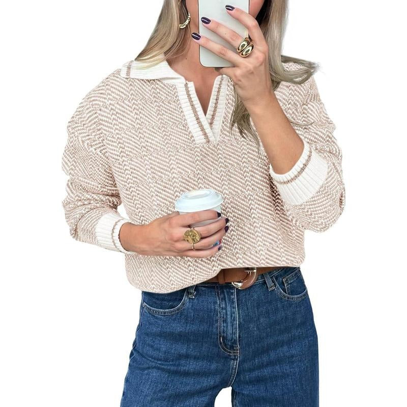 PiePieBuy Womens Fall Sweaters Tops Lapel V Neck Knit Sweater Color Block Long Sleeve Casual Soft Pullover Shirt Hoodie,...