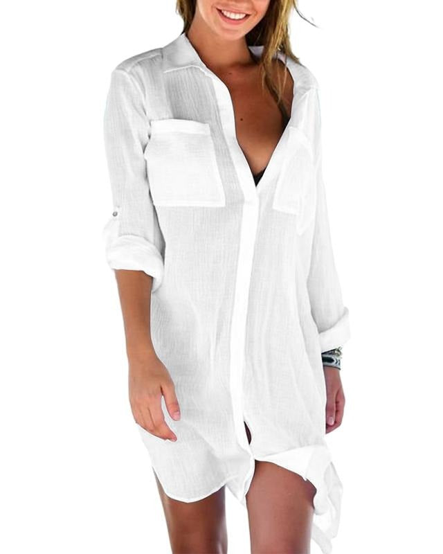 PiePieBuy Womens Sexy Beachwear Button Down Shirts Casual Bathing Suits Swimsuits Cover Up with Pockets, Yellow, XX-Large...