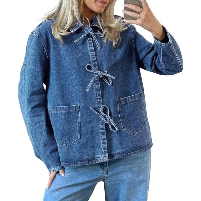 PiePieBuy Womens Tie Front Denim Shacket Jean Jacket Long Sleeve Shirt Coat Fall with Pockets Hoodie, Sweatshirt