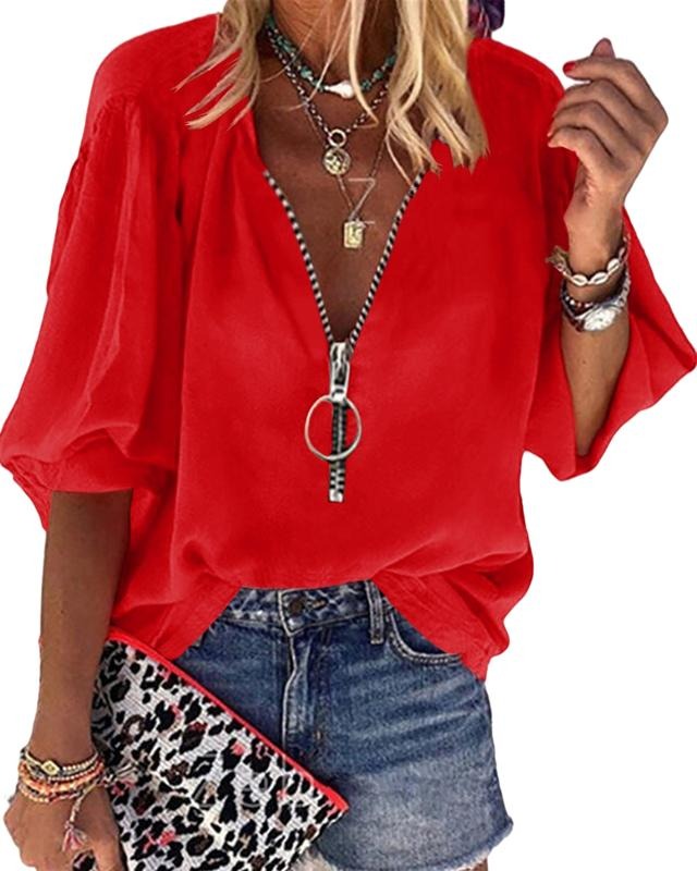 PiePieBuy Womens V-Neck Lantern Sleeve Blouse Zipper Design Loose Casual Top Shirts Hoodie, Sweatshirt | HypeDripTees.com