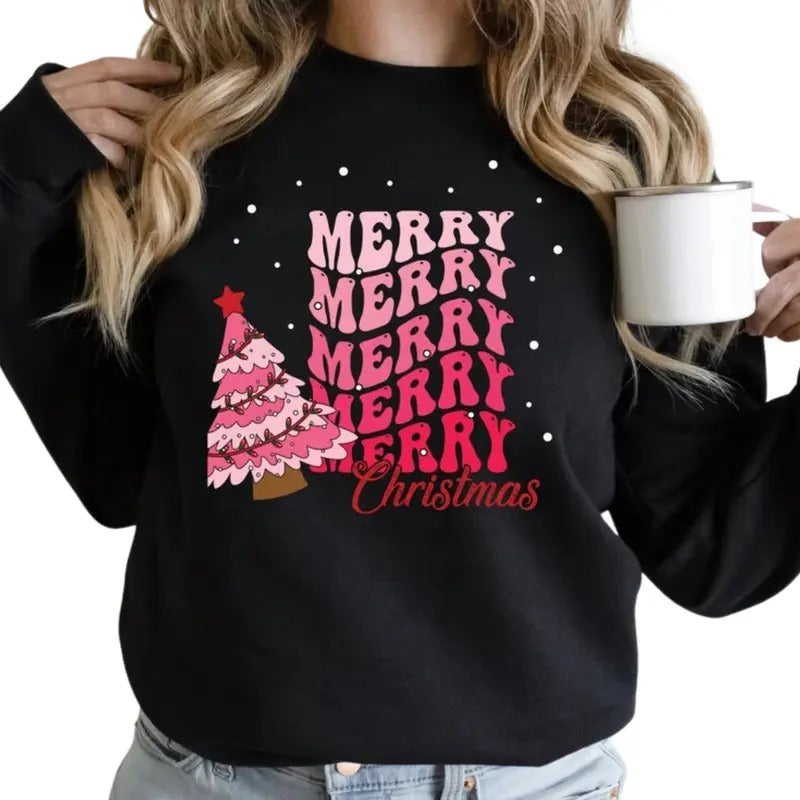 Pink Tree Merry Christmas Sweatshirt, Christmas Tree shirt, Holiday T-shirt for Women, Winter Sweatshirt, Christmas Crewneck, Christmas T-shirt