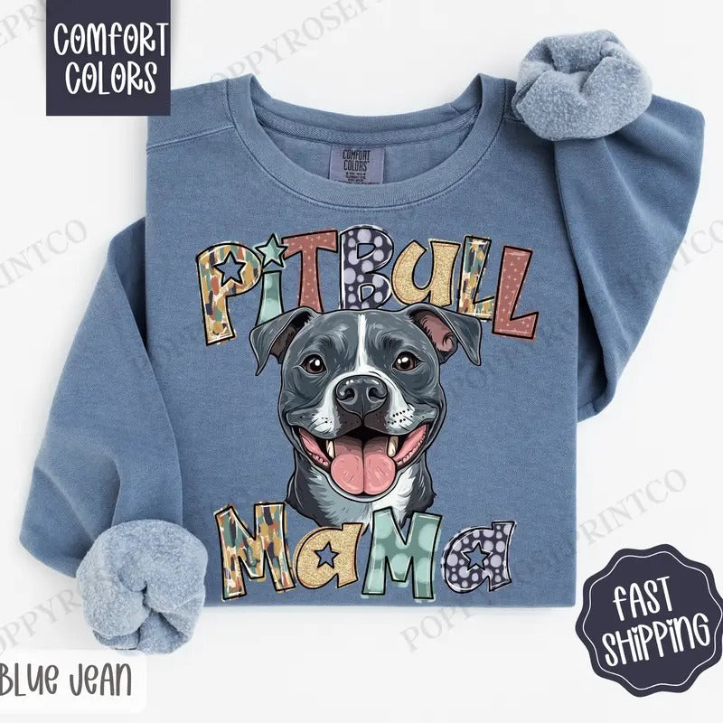 Pitbull Mama Comfort Colors Sweatshirt, Mama Women's Crewneck, Cute Dog Mom Women's Sweater T-Shirts, Hoodie