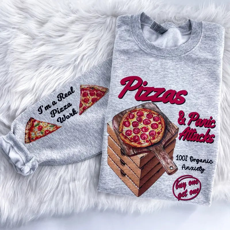 Pizza and Panic Attacks Anxiety Sweatshirt or Hoodie with sleeve prints Comfy Unisex Tops T-Shirts | HypeDripTees.com