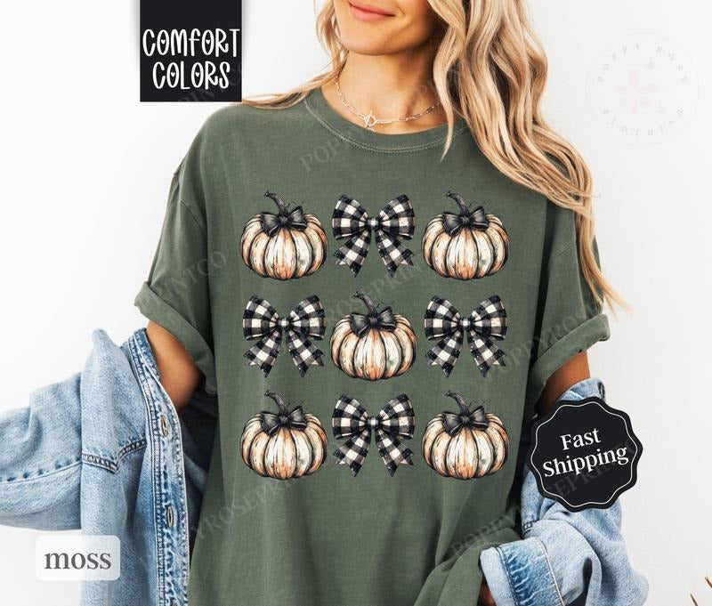 Plaid Bow Pumpkin Shirt Comfort Colors, Fall Tshirt, Coquette Clothing, October Vibes Shirt for Women Oversized Crewneck...