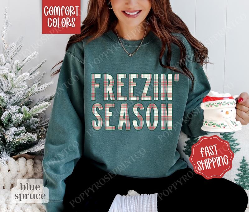 Plaid Freezin' Season Comfort Colors Sweatshirt, Trendy  Women's Crewneck, Winter Women's Sweater T-Shirts, Hoodie