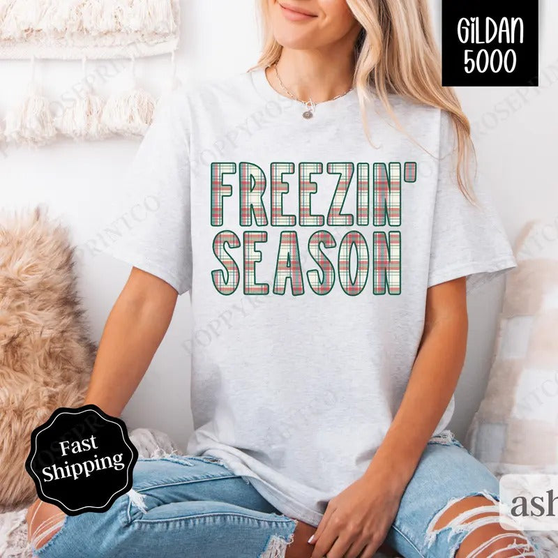Plaid Freezin' Season Shirt Gildan, Trendy Women's Tee,  Winter Women's Tshirt Plus Sizes Hoodie, Sweatshirt