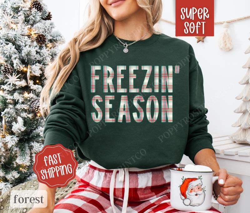 Plaid Freezin' Season Sweatshirt, Cute Women's Crewneck, Winter Women's Sweater T-Shirts, Hoodie | HypeDripTees.com