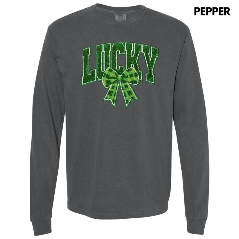 Plaid Lucky Bow Sequin Patch Long Sleeve Comfort Colors T-Shirt Hoodie, Sweatshirt | HypeDripTees.com