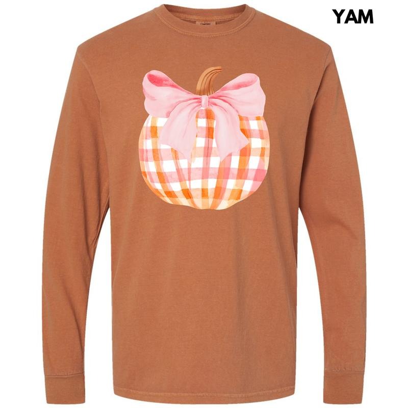 Plaid Pumpkin Coquette Long Sleeve Comfort Colors T-Shirt 'NLB' Hoodie, Sweatshirt | HypeDripTees.com