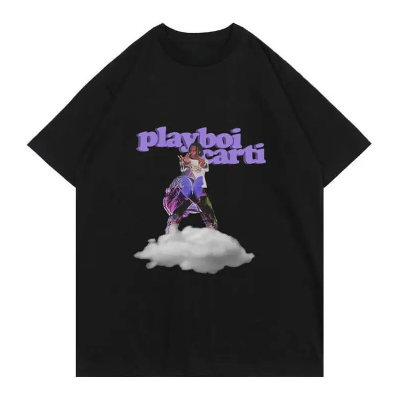 Playboi Cloud T-Shirt, Unique Graphic Tee with Purple Butterfly Design, Unisex Cotton T-Shirt, Crew Neck, Gift for Fans,...