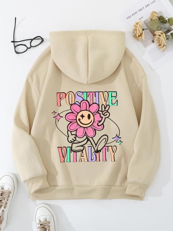 Plus Floral & Letter Print Drop Shoulder Hoodie, Fashion Casual Drawstring Pocket Hooded Sweatshirt for Daily Holiday...