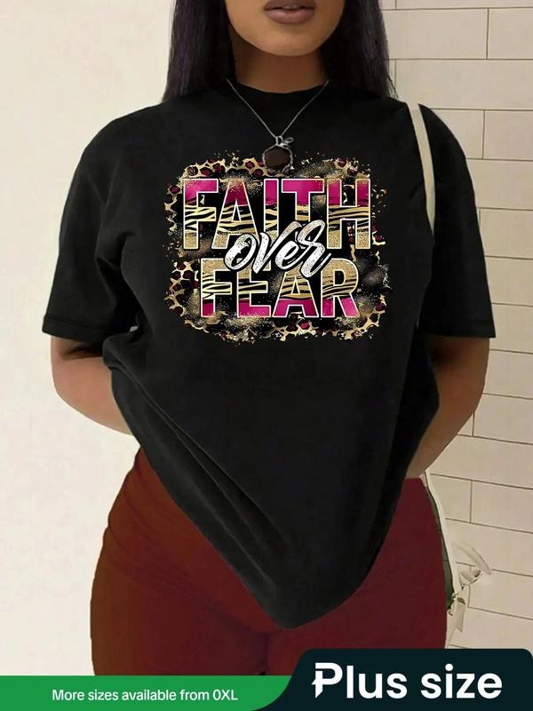 Plus Leopard & Letter Print Round Neck Tee, Casual Short Sleeve T-Shirt for Summer, Women's Plus Clothing for Daily Wear...