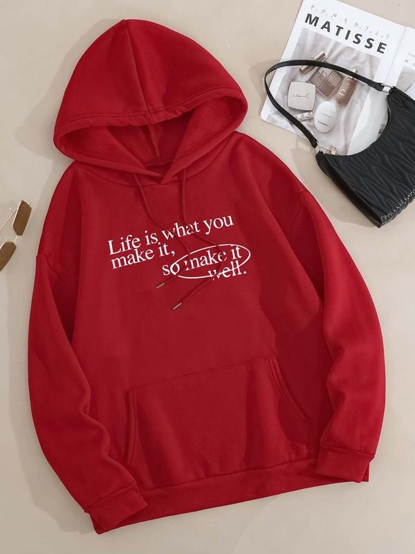 Plus Letter Print Drop Shoulder Drawstring Hoodie, Fashion Casual Kangaroo Pocket Hooded Sweatshirt for Daily Holiday...