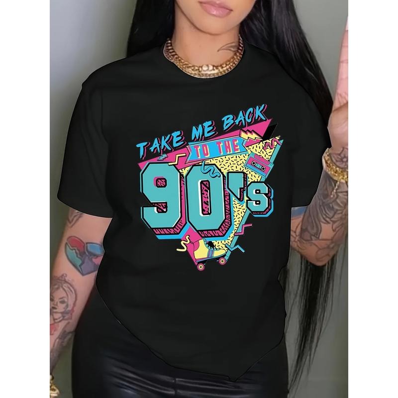 Plus Size 'Take Me Back to the 90s' Graphic Tee - Women's Retro-Inspired Casual Black T-Shirt with Colorful Geometric...