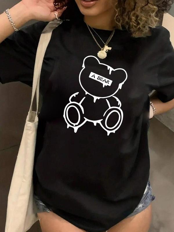 Plus Size Cartoon Bear Print Round Neck Tee, Casual Short Sleeve Crew Neck T-shirt for Daily Holiday Outdoor Wear, Women...