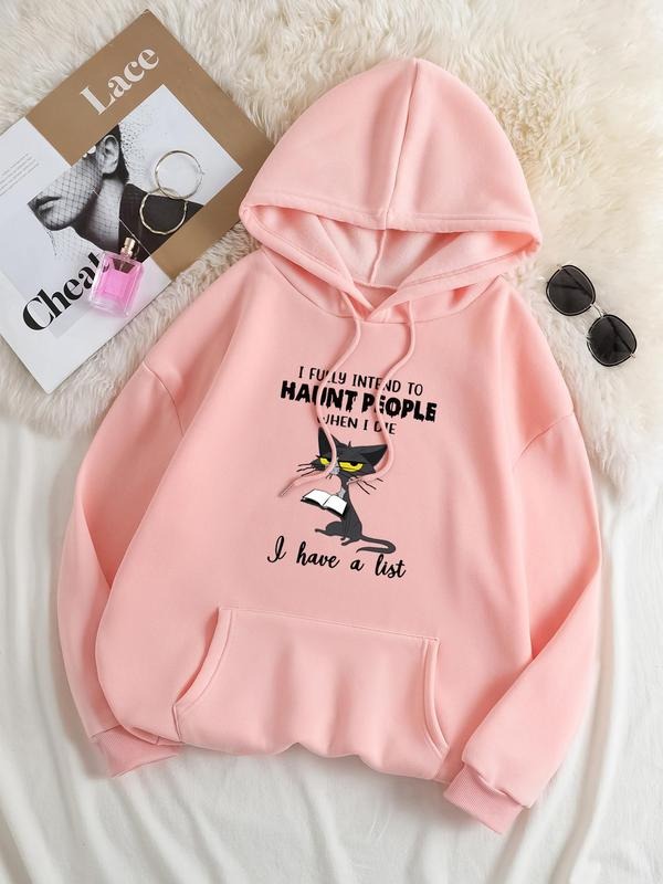 Plus Size Cartoon Cat & Letter Print Drop Shoulder Hoodie, Fashion Casual Drawstring Pocket Hooded Sweatshirt for Daily...