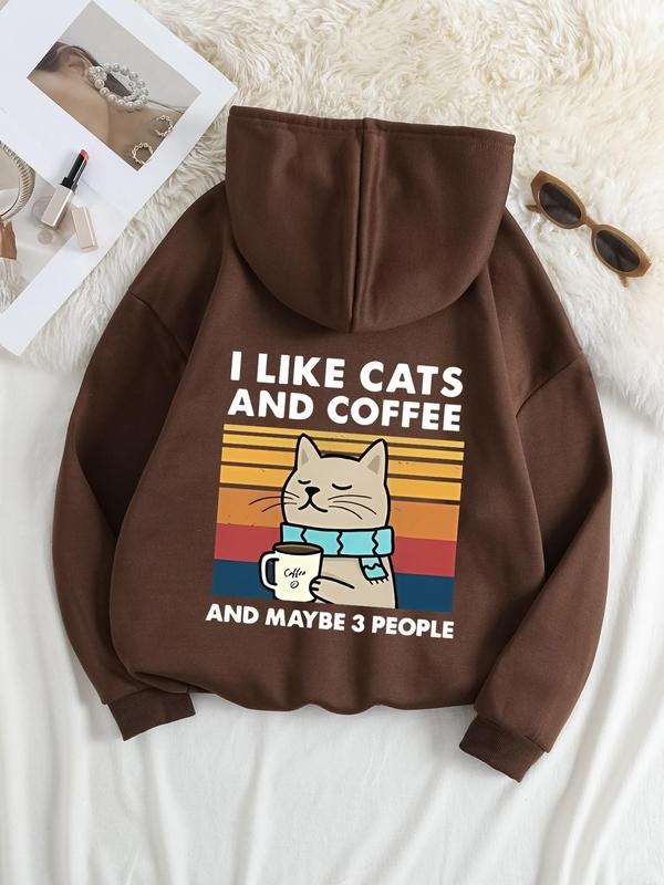 Plus Size Cartoon Cat & Letter Print Drop Shoulder Hoodie, Fashion Casual Drawstring Pocket Hooded Sweatshirt for Daily...
