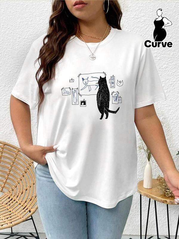 Plus Size Cartoon Cat Print Drop Shoulder Tee, Casual Short Sleeve Round Neck T-shirt, Women's Plus Clothing for Daily...
