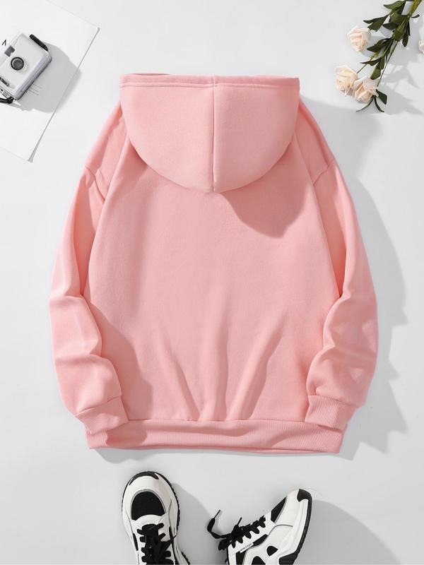 Plus Size Cartoon Coffee & Letter Print Drop Shoulder Hoodie, Fashion Casual Drawstring Pocket Hooded Sweatshirt for...
