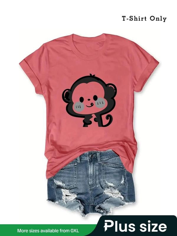 Plus Size Cartoon Monkey Print Round Neck Tee, Casual Short Sleeve T-shirt for Summer, Women's Plus Clothing for Daily...